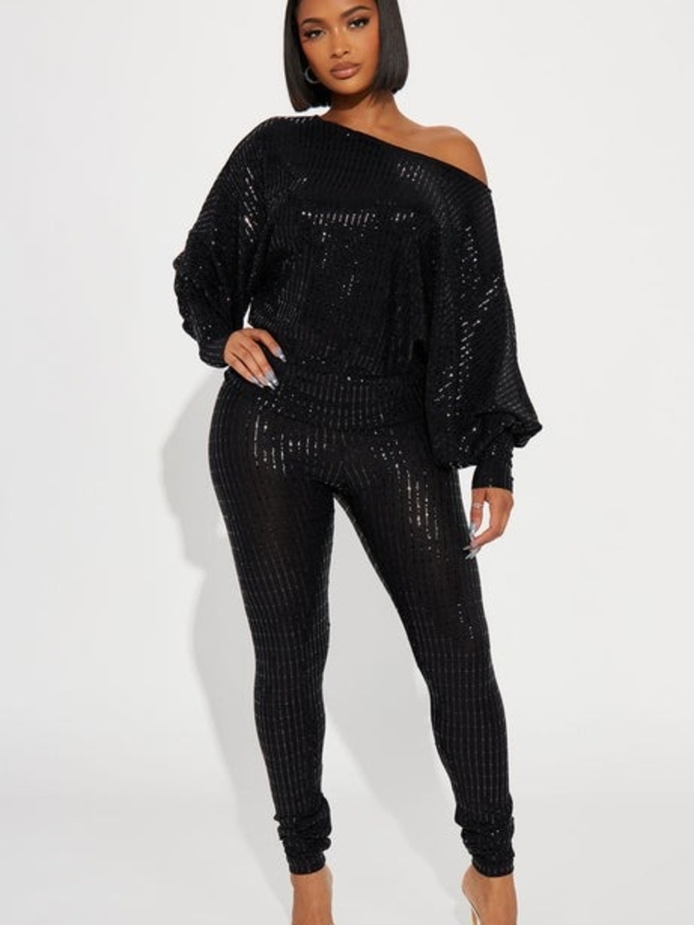Fashion Nova Shining Star Black Sequin Off Shoulder 2 Piece Set M NWT